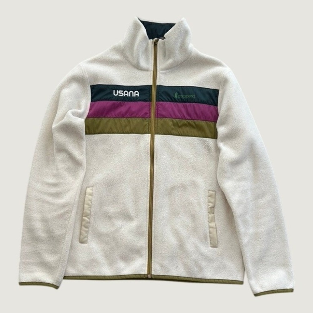 Cotopaxi Teca Fleece Full Zip Jacket Womens Large Cream Colorblock USANA Logo
